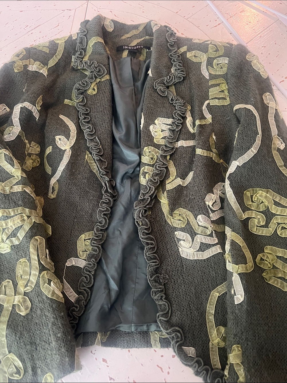 Vintage Y2K romantic jacket Blazer with Pale Green Ribbon Appliqués 10